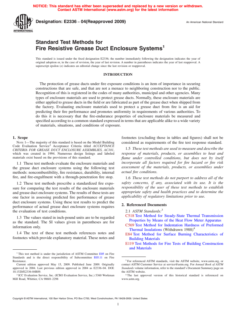 ASTM E2336-04(2009) - Standard Test Methods for Fire Resistive Grease Duct Enclosure Systems