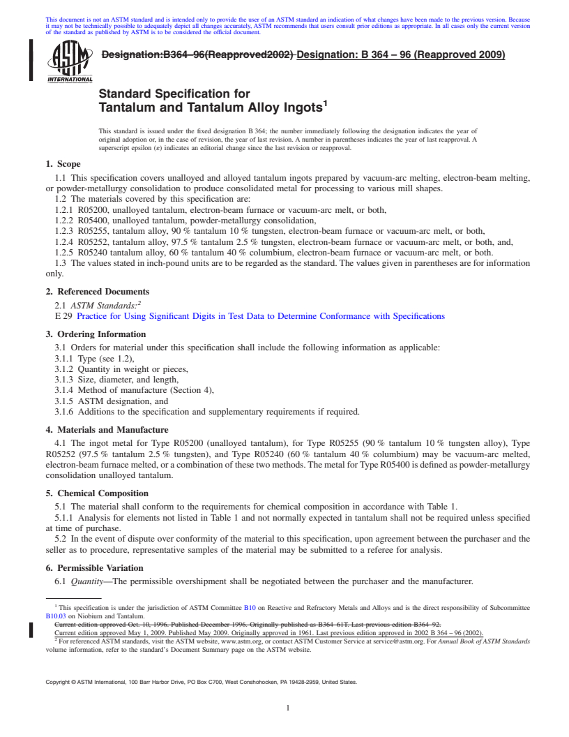 REDLINE ASTM B364-96(2009) - Standard Specification for Tantalum and Tantalum Alloy Ingots (Withdrawn 2018)