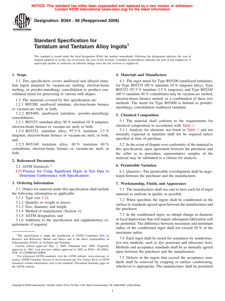 ASTM B364-96(2009) - Standard Specification for Tantalum and Tantalum Alloy Ingots (Withdrawn 2018)