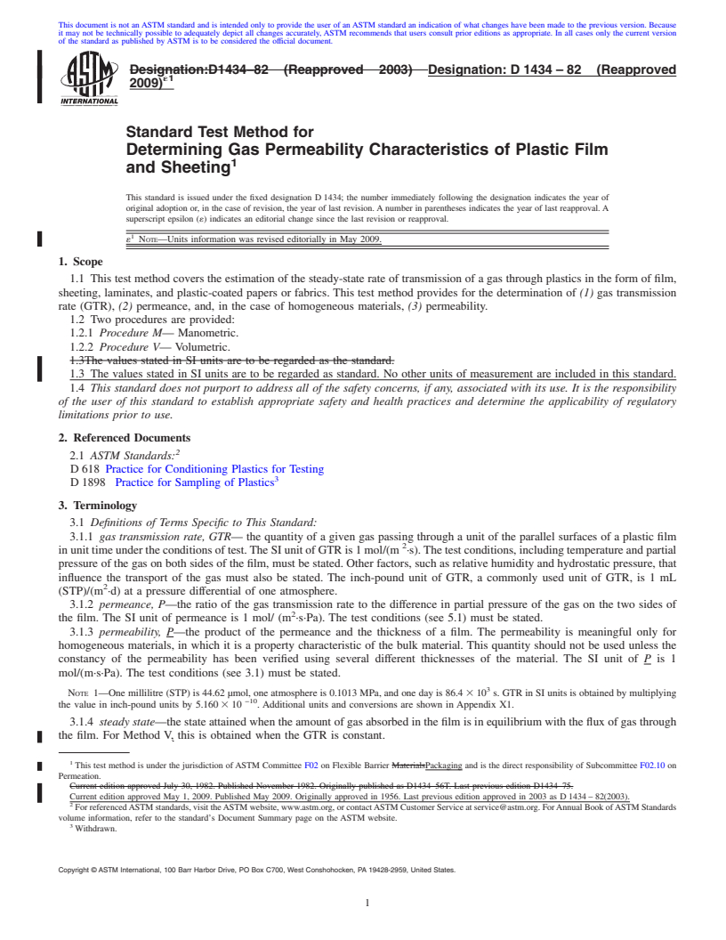 REDLINE ASTM D1434-82(2009)e1 - Standard Test Method for Determining Gas Permeability Characteristics of Plastic Film and Sheeting