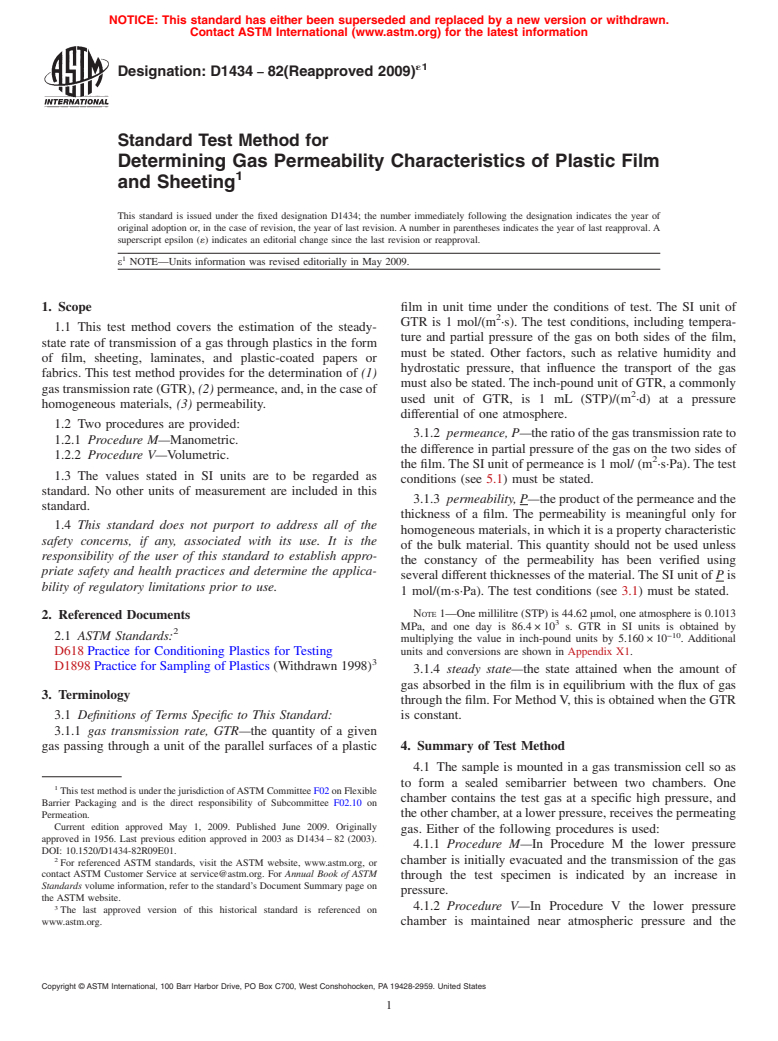 ASTM D1434-82(2009)e1 - Standard Test Method for Determining Gas Permeability Characteristics of Plastic Film and Sheeting