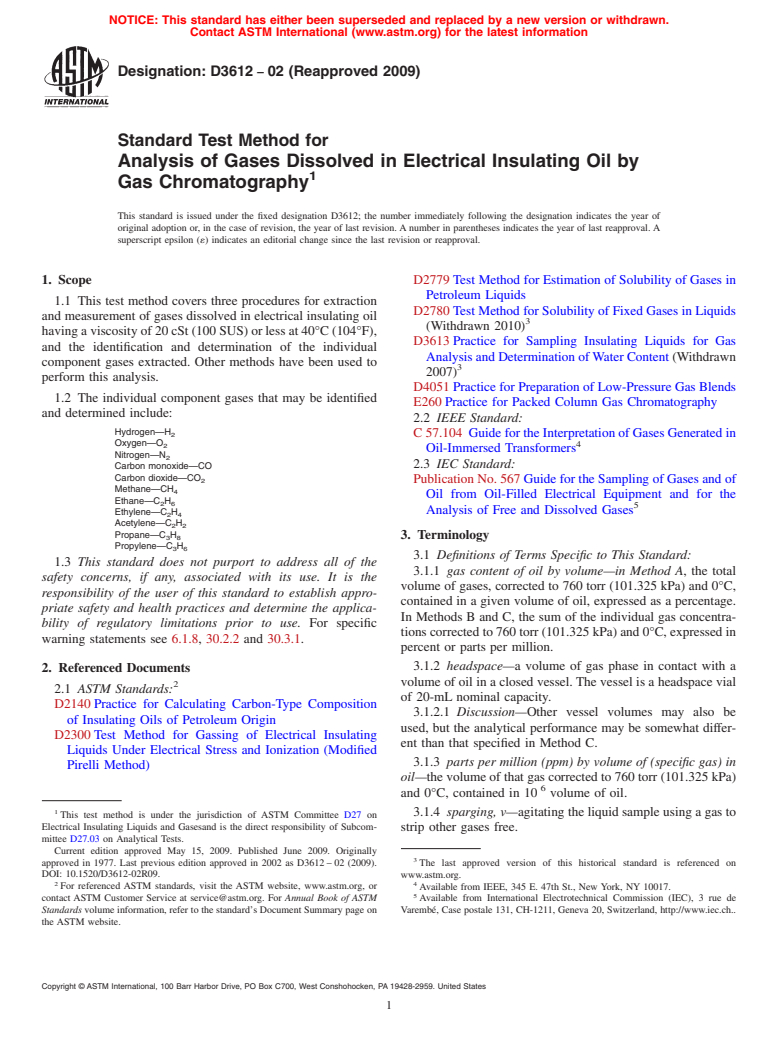 ASTM D3612-02(2009) - Standard Test Method for Analysis of Gases Dissolved in Electrical Insulating Oil by Gas Chromatography