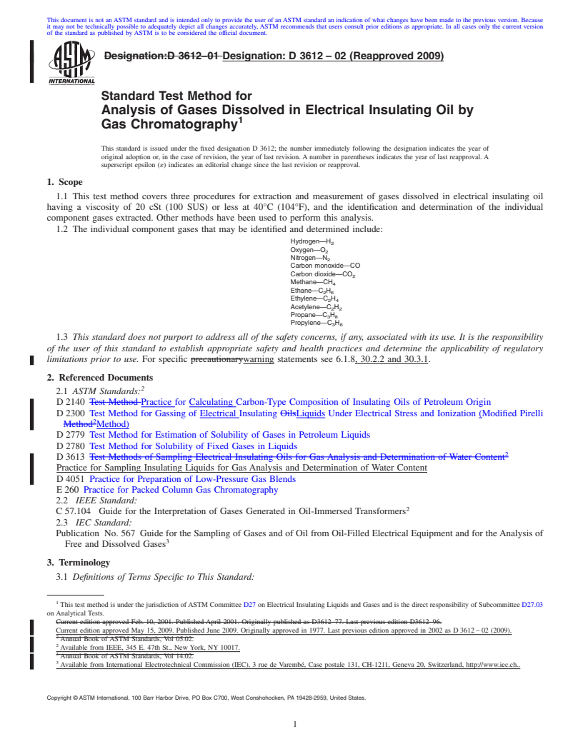 REDLINE ASTM D3612-02(2009) - Standard Test Method for Analysis of Gases Dissolved in Electrical Insulating Oil by Gas Chromatography