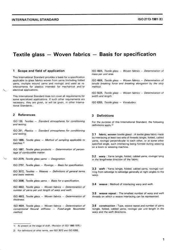 ISO 2113:1981 - Textile glass -- Woven fabrics -- Basis for specification