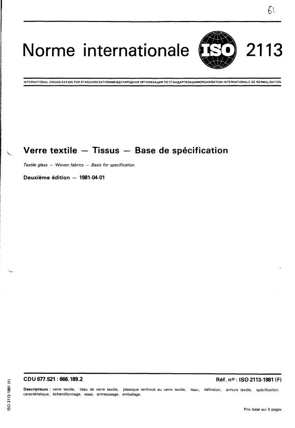 ISO 2113:1981 - Verre textile -- Tissus -- Base de spécification