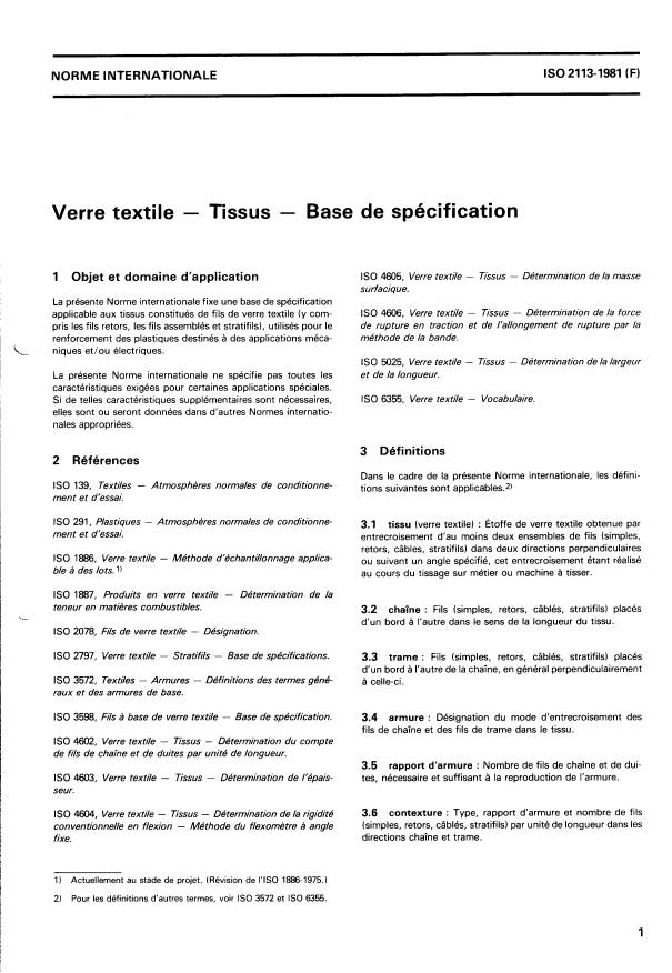 ISO 2113:1981 - Verre textile -- Tissus -- Base de spécification