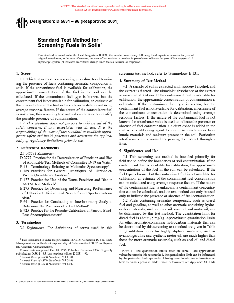 ASTM D5831-96(2001) - Standard Test Method for Screening Fuels in Soils