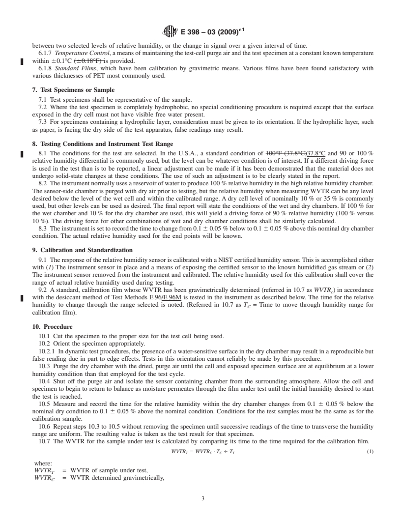 REDLINE ASTM E398-03(2009)e1 - Standard Test Method for Water Vapor Transmission Rate of Sheet Materials Using Dynamic Relative Humidity Measurement