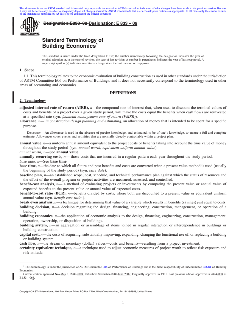 REDLINE ASTM E833-09 - Standard Terminology of Building Economics