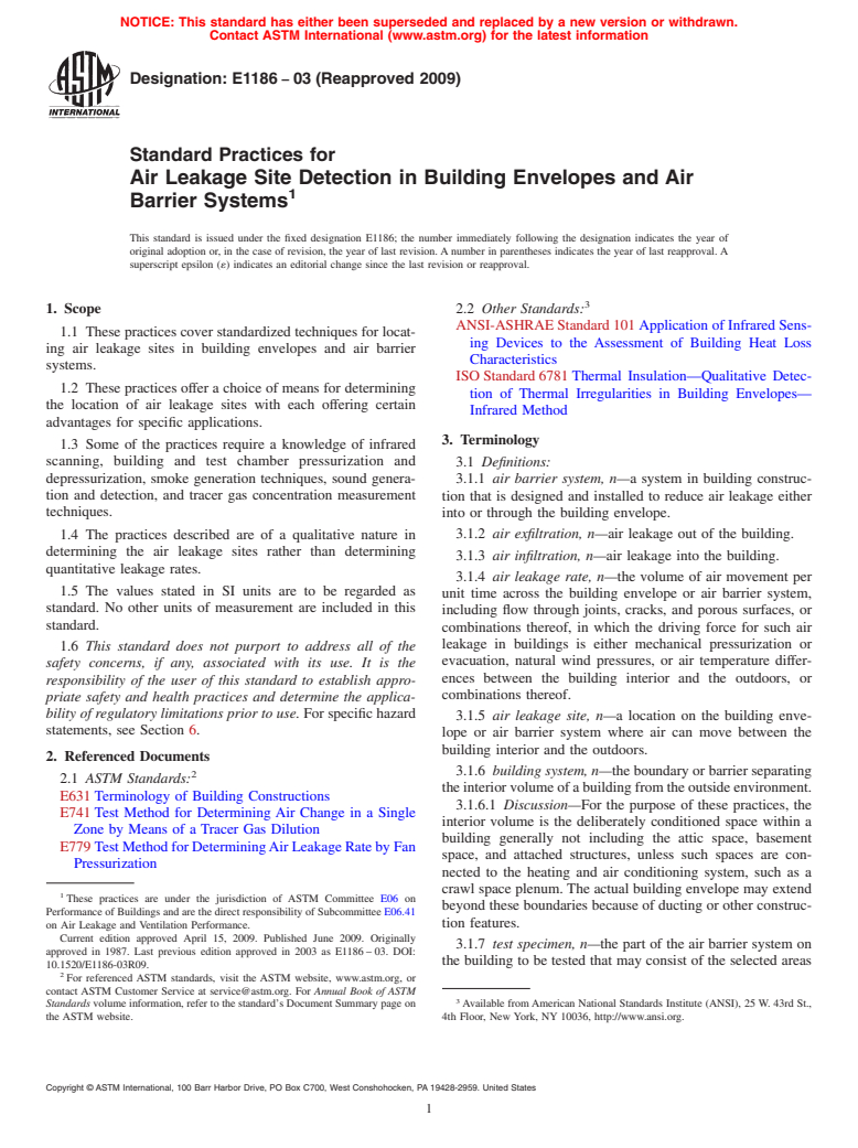 ASTM E1186-03(2009) - Standard Practices for Air Leakage Site Detection in Building Envelopes and Air Barrier Systems