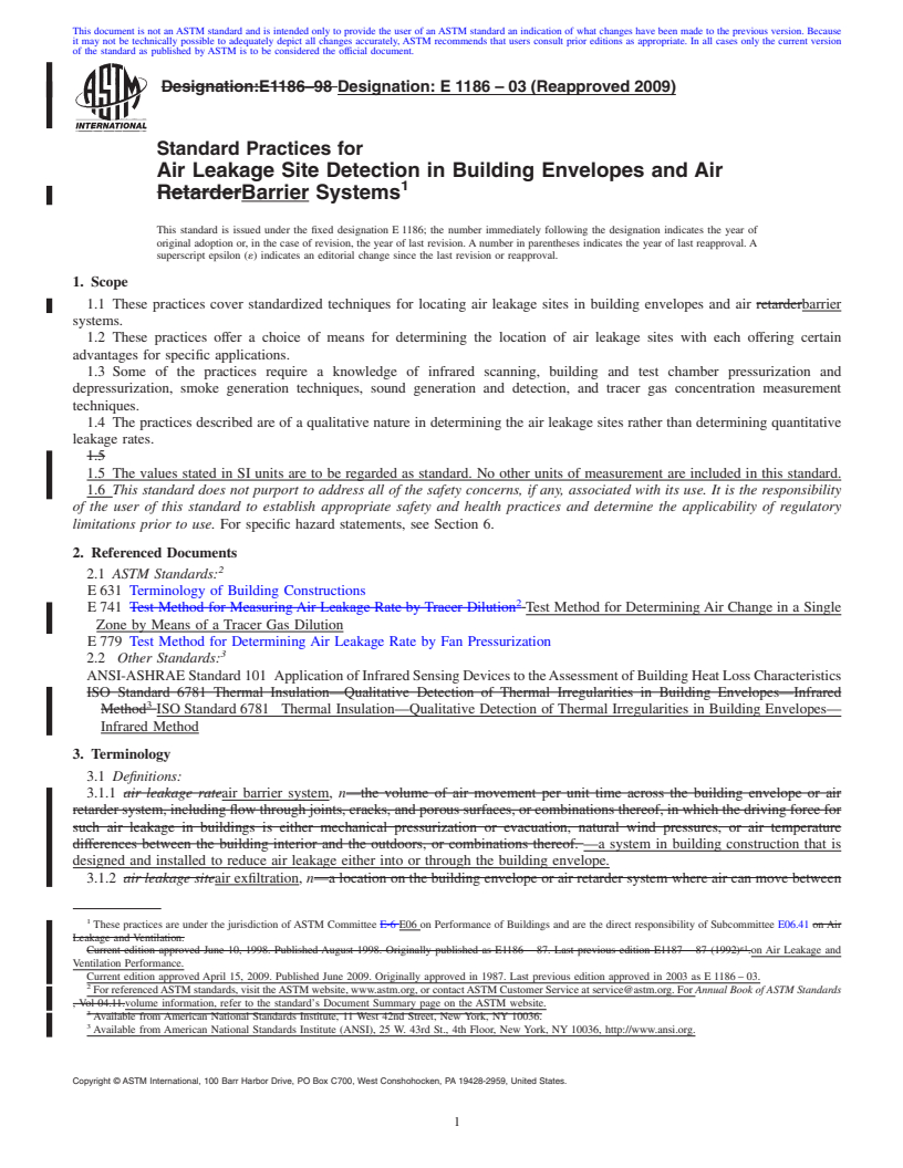 REDLINE ASTM E1186-03(2009) - Standard Practices for Air Leakage Site Detection in Building Envelopes and Air Barrier Systems