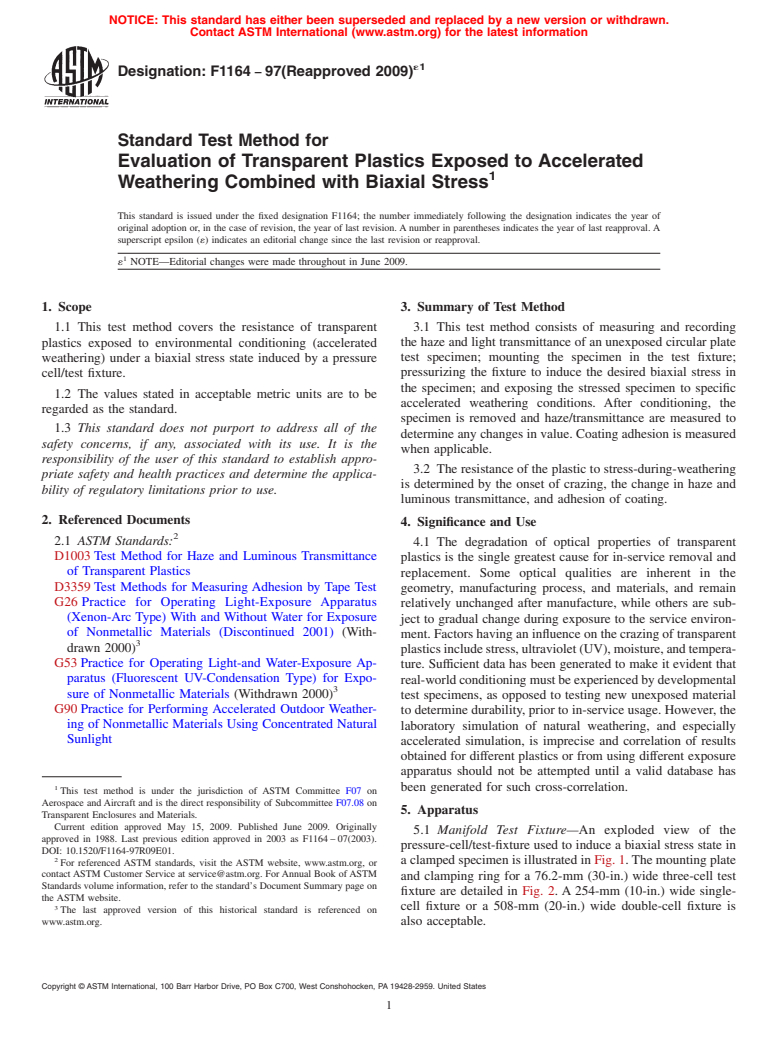 ASTM F1164-97(2009)e1 - Standard Test Method for Evaluation of Transparent Plastics Exposed to Accelerated Weathering Combined with Biaxial Stress