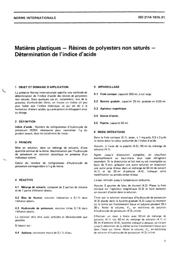 ISO 2114:1974 - Matieres plastiques -- Résines de polyesters non saturés -- Détermination de l'indice d'acide