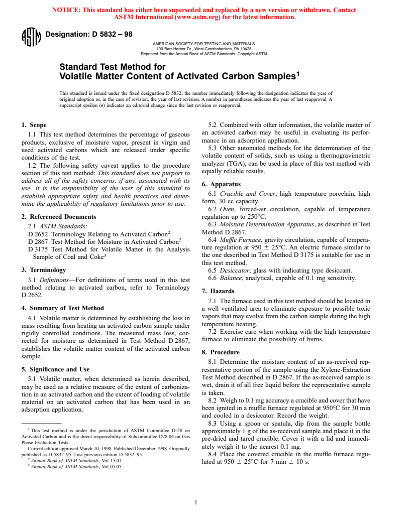 ASTM D5832-98 - Standard Test Method for Volatile Matter Content of Activated Carbon Samples