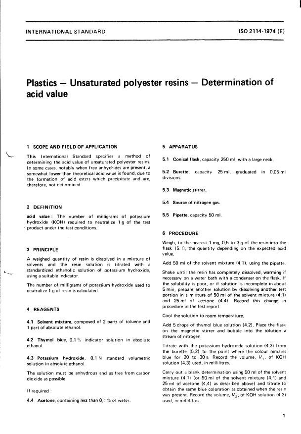 ISO 2114:1974 - Plastics -- Unsaturated polyester resins -- Determination of acid value
