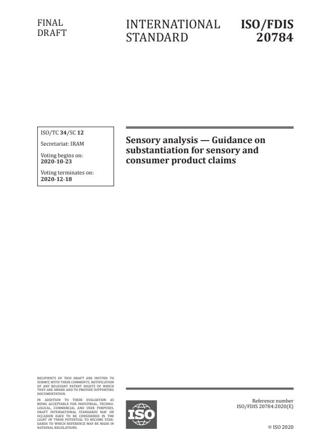 ISO/FDIS 20784:Version 13-okt-2020 - Sensory analysis -- Guidance on substantiation for sensory and consumer product claims