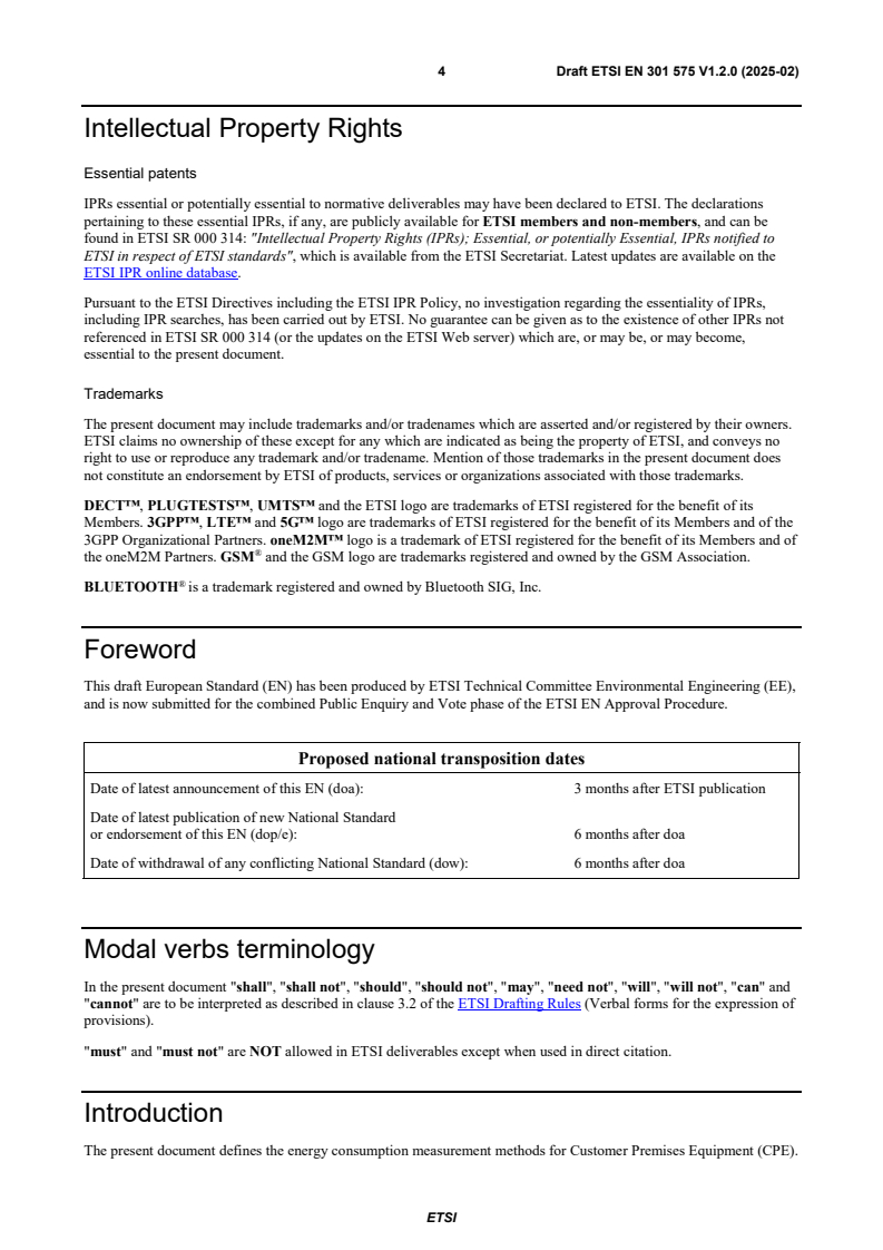 SIST EN 301 575 V1.2.1:2025 ETSI EN 301 575 V1.2.0 (2025-02) - Environmental Engineering (EE); Measurement method for energy consumption of Customer Premises Equipment (CPE) - Page 4 preview