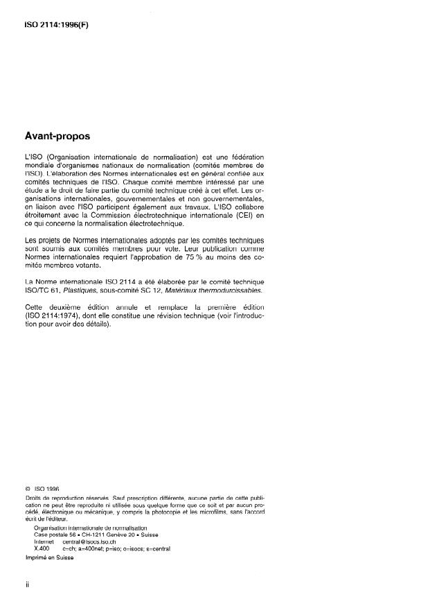 ISO 2114:1996 ISO 2114:1996 - Plastiques -- Résines de polyesters non saturés -- Détermination de l'indice d'acide partiel et de l'indice d'acide total - Page 2 preview