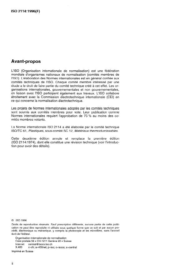 ISO 2114:1996 ISO 2114:1996 - Plastiques -- Résines de polyesters non saturés -- Détermination de l'indice d'acide partiel et de l'indice d'acide total - Page 2 preview