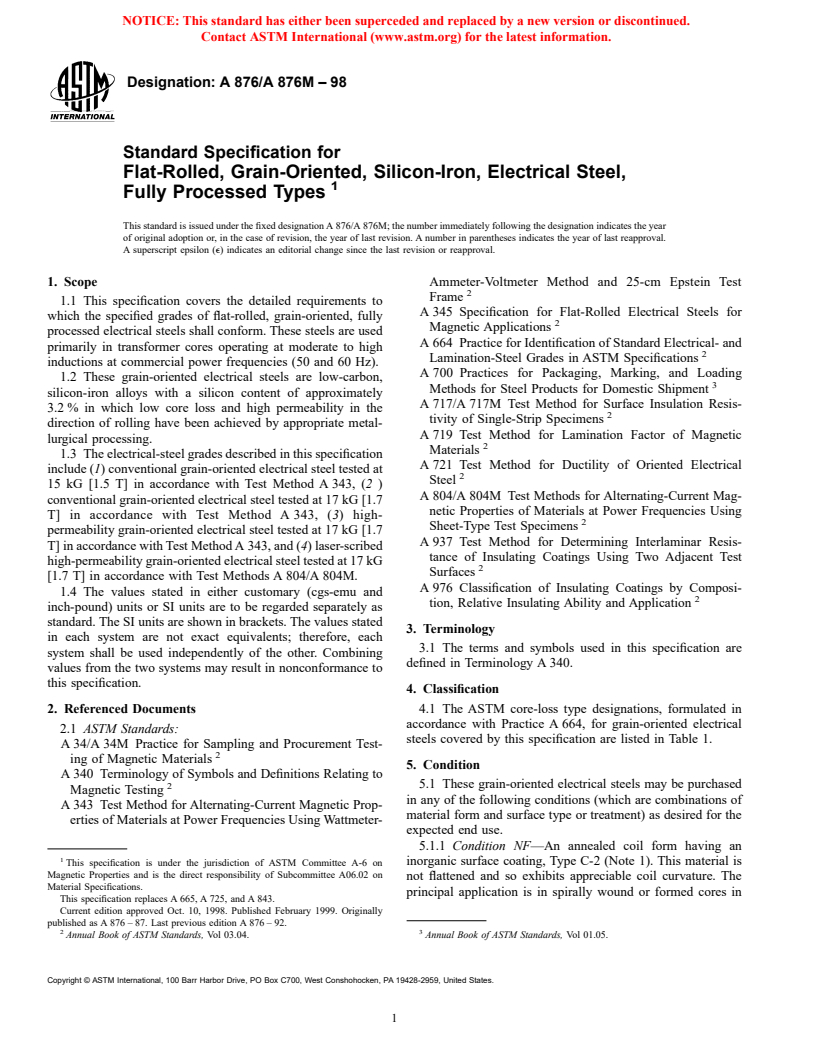 ASTM A876/A876M-98 - Standard Specification for Flat-Rolled, Grain-Oriented, Silicon-Iron, Electrical Steel, Fully Processed Types