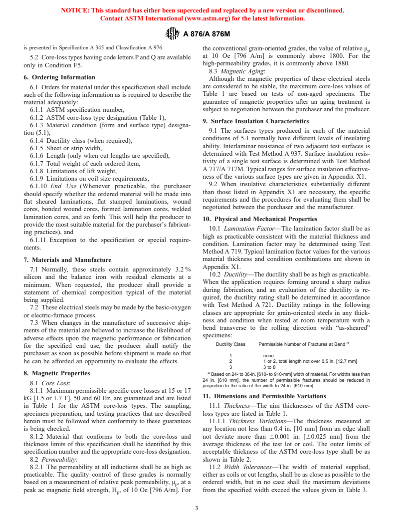 ASTM A876/A876M-98 - Standard Specification for Flat-Rolled, Grain-Oriented, Silicon-Iron, Electrical Steel, Fully Processed Types