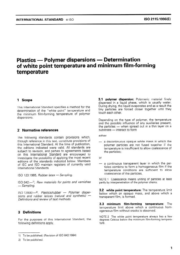 ISO 2115:1996 - Plastics -- Polymer dispersions -- Determination of white point temperature and minimum film-forming temperature
