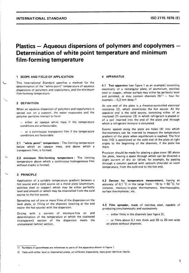 ISO 2115:1976 - Plastics -- Aqueous dispersions of polymers and copolymers -- Determination of white point temperature and minimum film-forming temperature