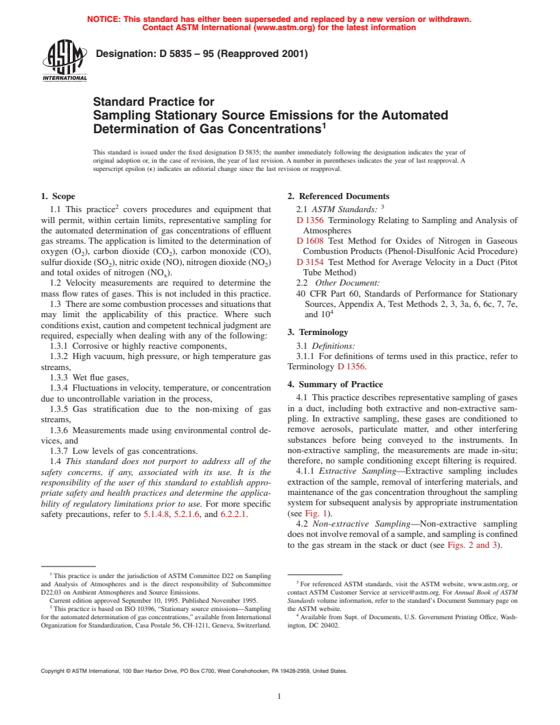 ASTM D5835-95(2001) - Standard Practice for Sampling Stationary Source Emissions for the Automated Determination of Gas Concentrations