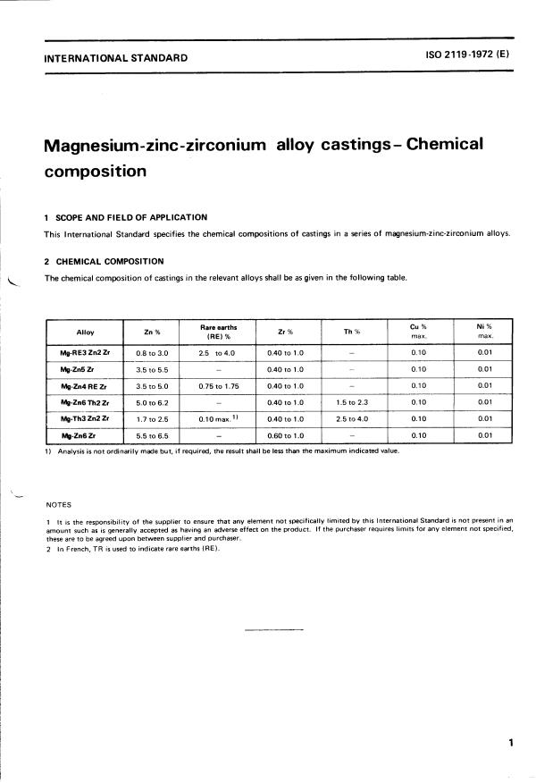 ISO 2119:1972 - Magnesium-zinc-zirconium alloy castings -- Chemical composition
