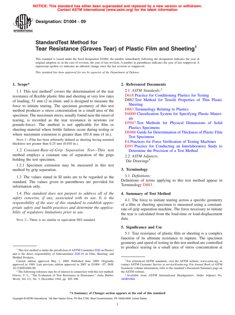 ASTM D1004-09 - Standard Test Method for Tear Resistance (Graves Tear) of Plastic Film and Sheeting