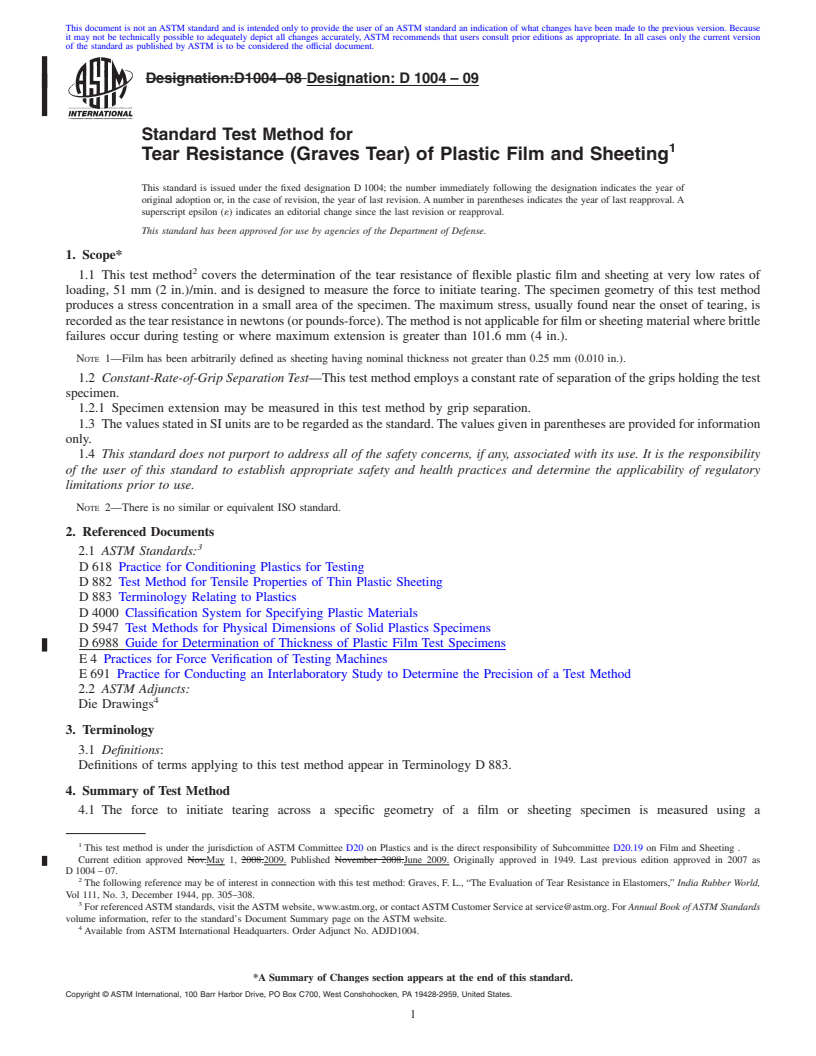 REDLINE ASTM D1004-09 - Standard Test Method for Tear Resistance (Graves Tear) of Plastic Film and Sheeting