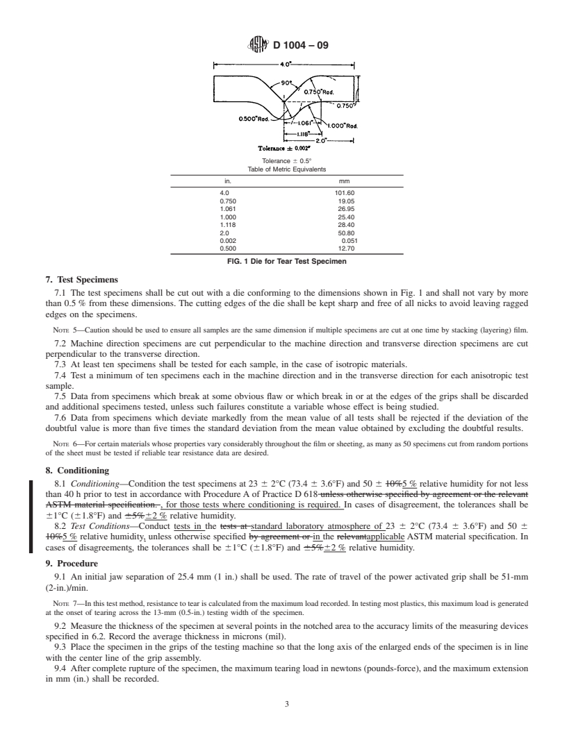 REDLINE ASTM D1004-09 - Standard Test Method for Tear Resistance (Graves Tear) of Plastic Film and Sheeting