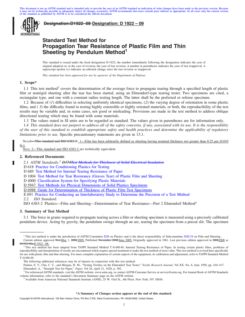 REDLINE ASTM D1922-09 - Standard Test Method for Propagation Tear Resistance of Plastic Film and Thin Sheeting by Pendulum Method