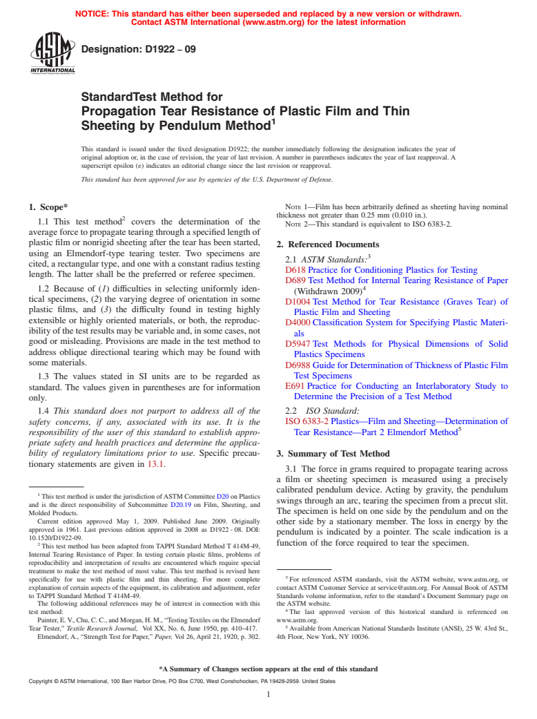 ASTM D1922-09 - Standard Test Method for Propagation Tear Resistance of Plastic Film and Thin Sheeting by Pendulum Method