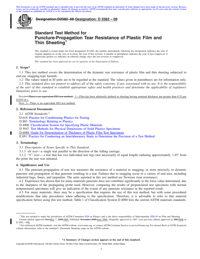 REDLINE ASTM D2582-09 - Standard Test Method for Puncture-Propagation Tear Resistance of Plastic Film and Thin Sheeting