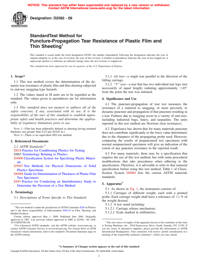 ASTM D2582-09 - Standard Test Method for Puncture-Propagation Tear Resistance of Plastic Film and Thin Sheeting