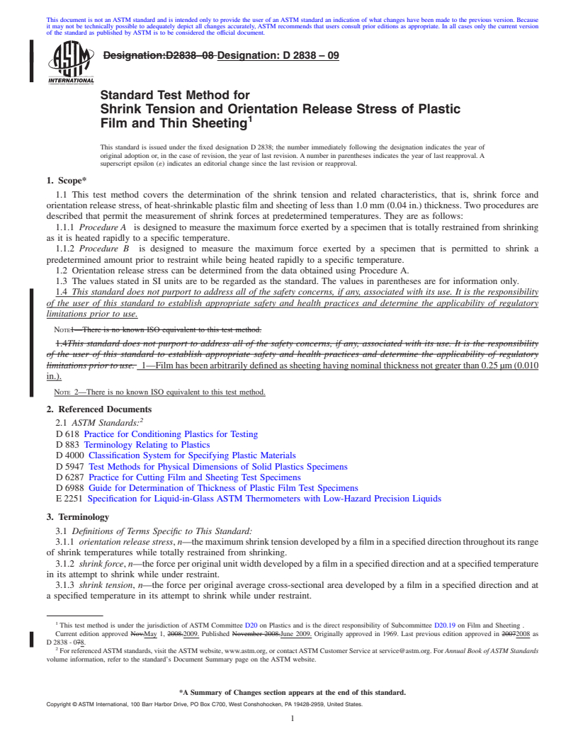 REDLINE ASTM D2838-09 - Standard Test Method for Shrink Tension and Orientation Release Stress of Plastic Film and Thin Sheeting