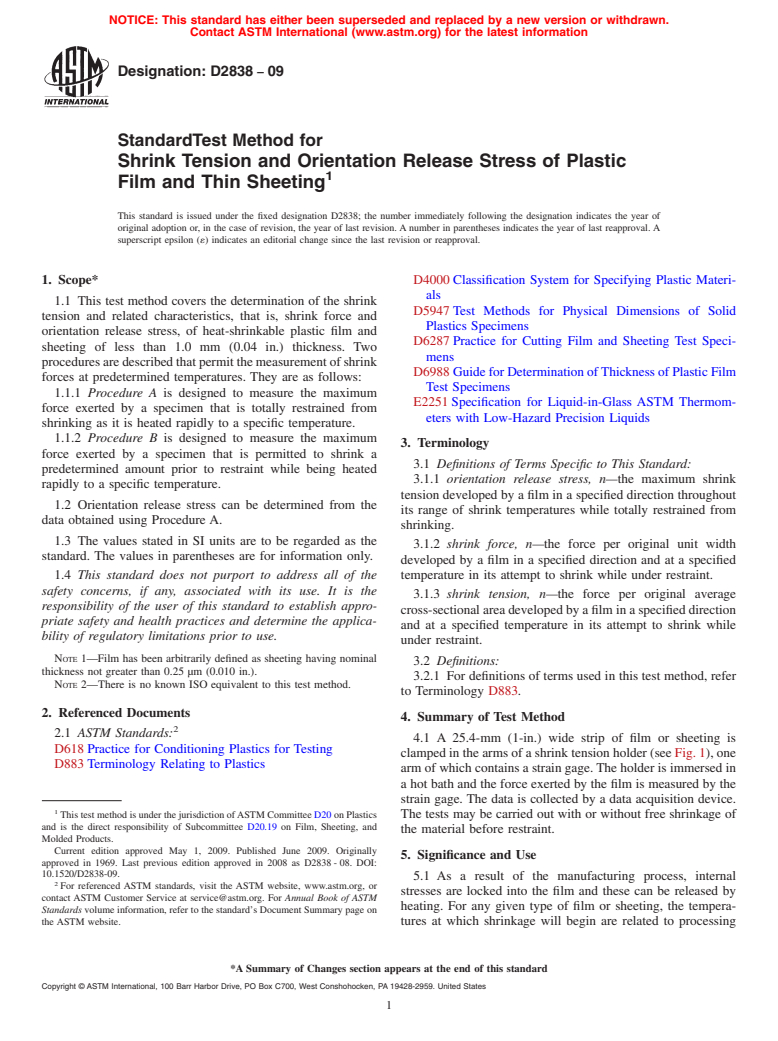 ASTM D2838-09 - Standard Test Method for Shrink Tension and Orientation Release Stress of Plastic Film and Thin Sheeting