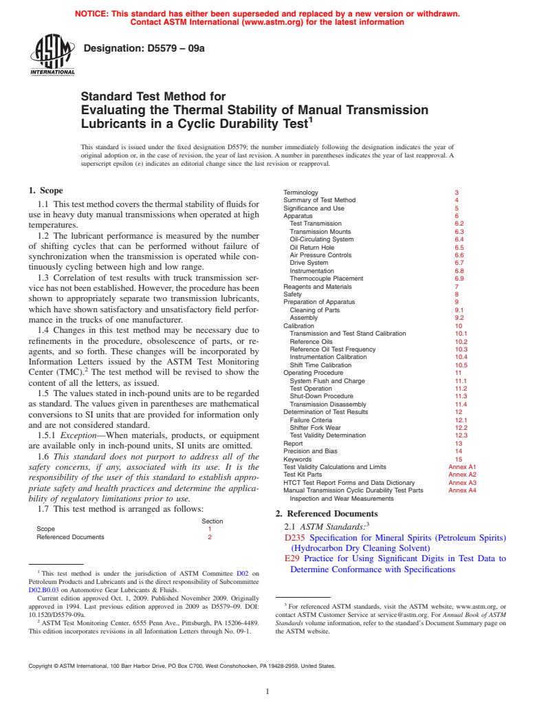 ASTM D5579-09 - Standard Test Method for Evaluating the Thermal Stability of Manual Transmission Lubricants in a Cyclic Durability Test