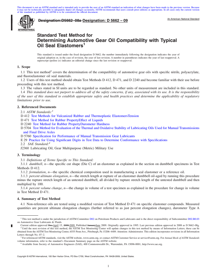 REDLINE ASTM D5662-09 - Standard Test Method for Determining Automotive Gear Oil Compatibility with Typical Oil Seal Elastomers