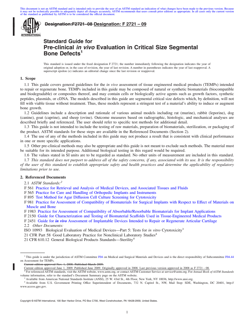 REDLINE ASTM F2721-09 - Standard Guide for Pre-clinical <span class="bdit">in vivo</span> Evaluation in Critical Size Segmental Bone Defects