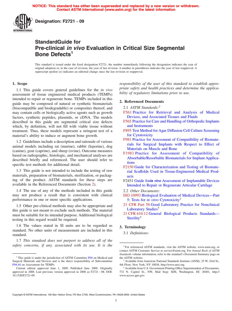 ASTM F2721-09 - Standard Guide for Pre-clinical <span class="bdit">in vivo</span> Evaluation in Critical Size Segmental Bone Defects