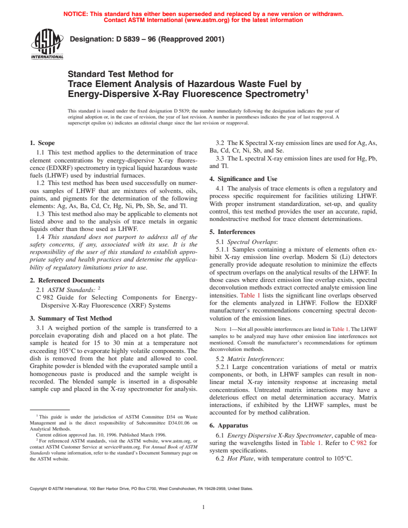 ASTM D5839-96(2001) - Standard Test Method for Trace Element Analysis of Hazardous Waste Fuel by Energy-Dispersive X-Ray Fluorescence Spectrometry