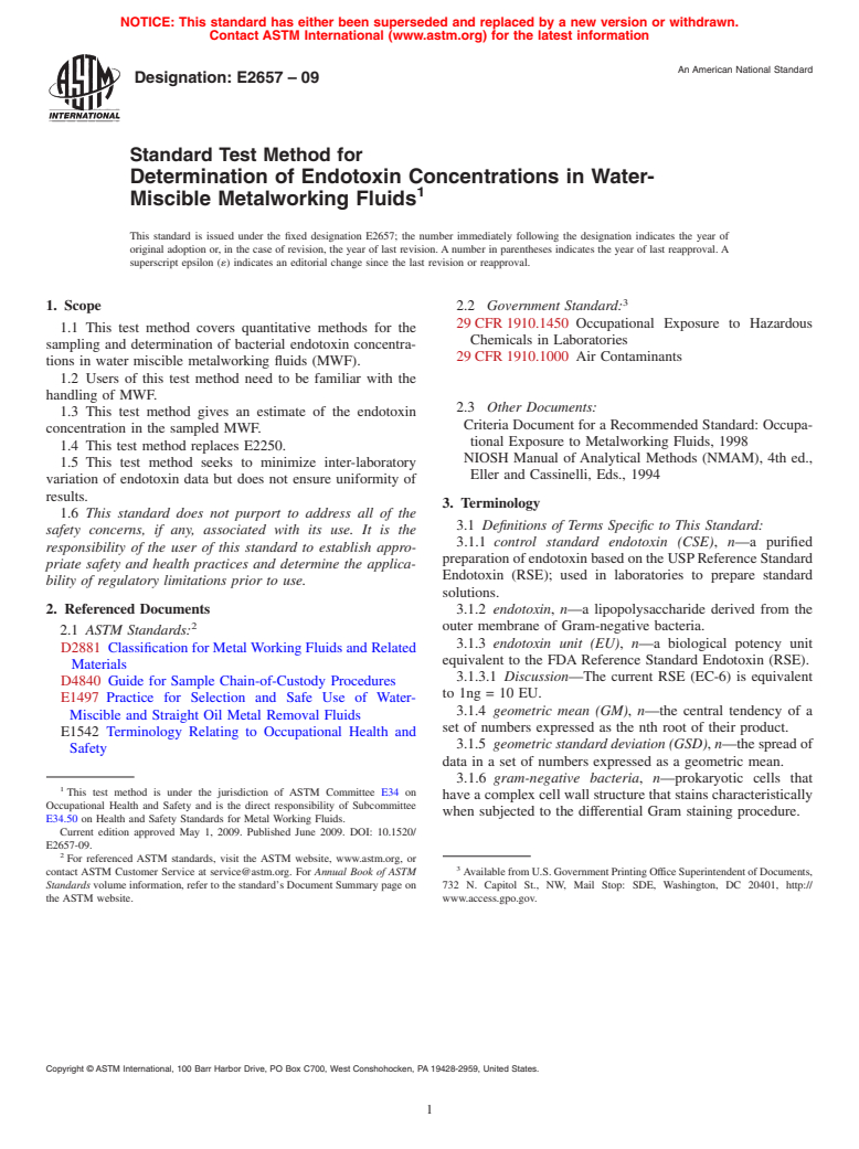 ASTM E2657-09 - Standard Test Method for  Determination of Endotoxin Concentrations in Water-Miscible Metalworking Fluids