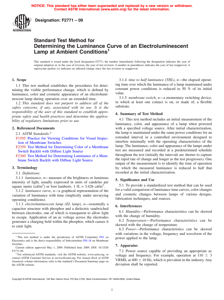 ASTM F2771-09 - Standard Test Method for Determining the Luminance Curve of an Electroluminescent Lamp at Ambient  Conditions