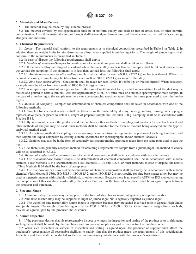 REDLINE ASTM B327-09 - Standard Specification for Master Alloys Used in Making Zinc Die Casting Alloys