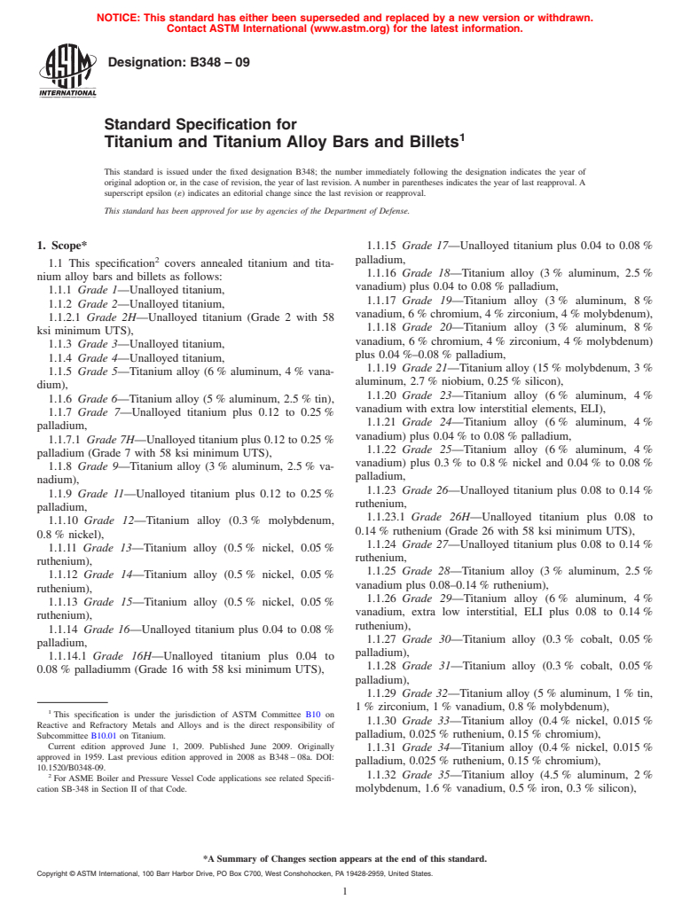 ASTM B348-09 - Standard Specification for  Titanium and Titanium Alloy Bars and Billets