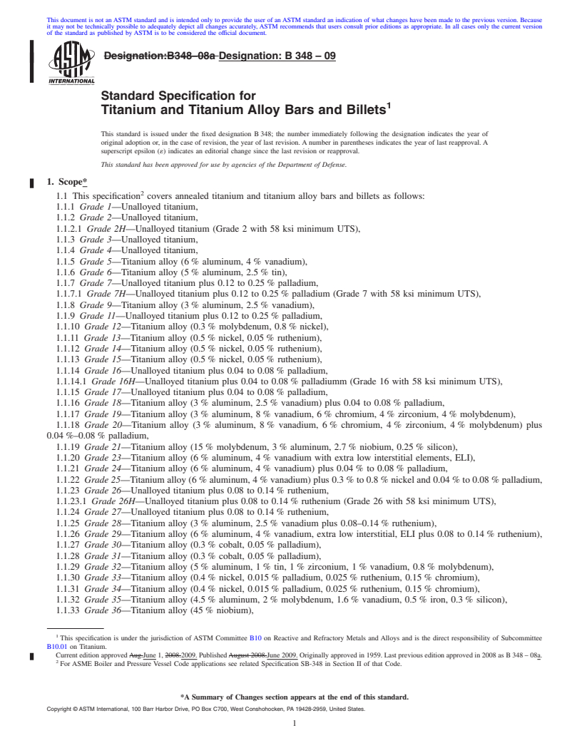 REDLINE ASTM B348-09 - Standard Specification for  Titanium and Titanium Alloy Bars and Billets