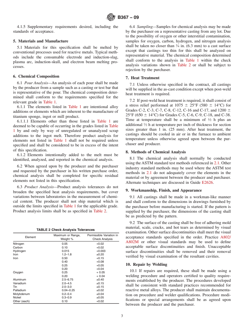 ASTM B367-09 - Standard Specification for  Titanium and Titanium Alloy Castings