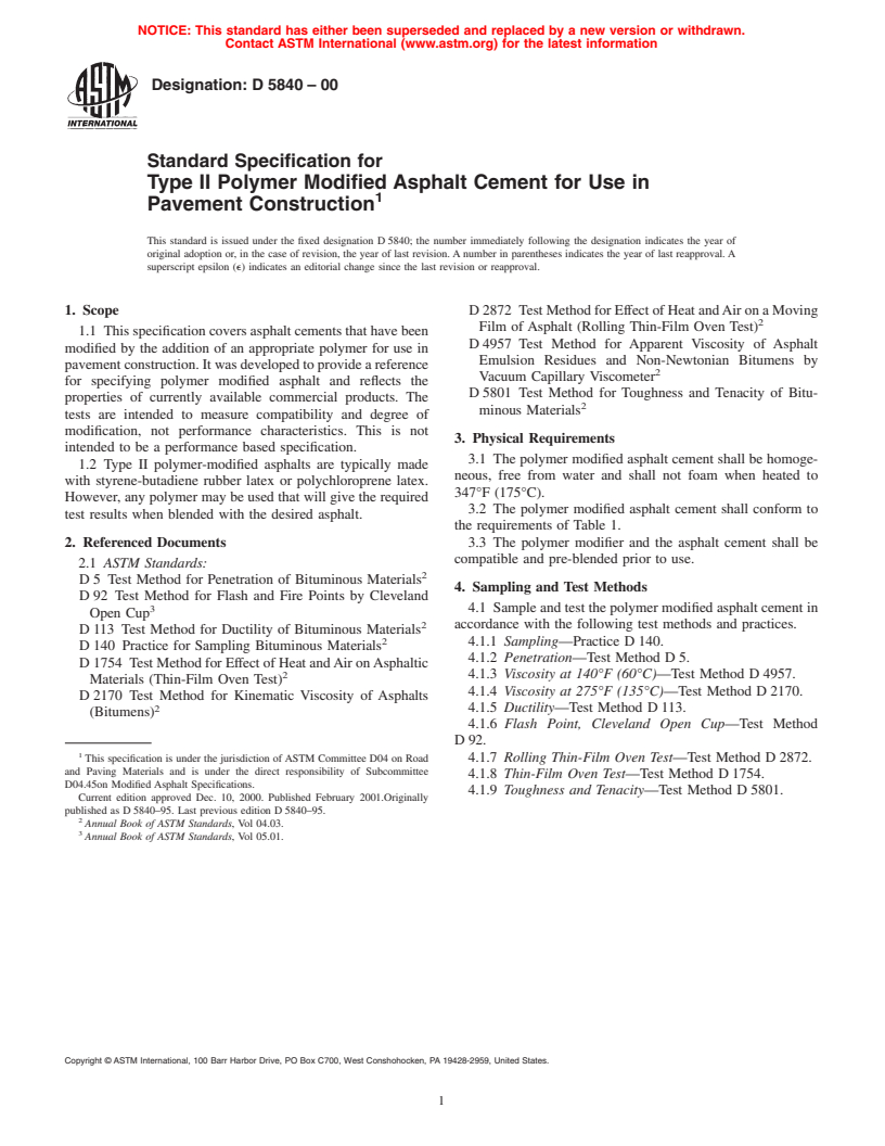 ASTM D5840-00 - Standard Specification for Type II Polymer Modified Asphalt Cement for Use in Pavement Construction (Withdrawn 2005)